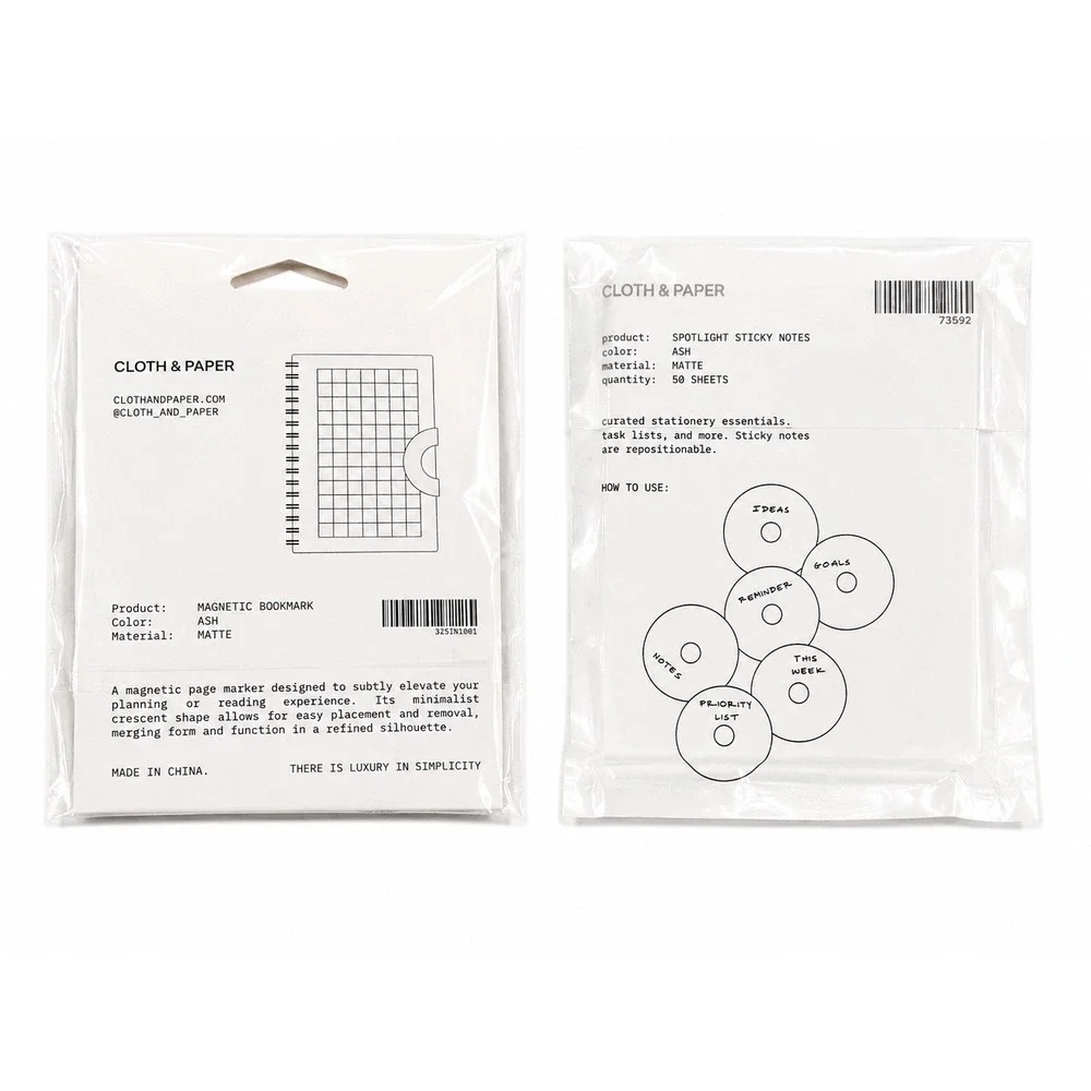 Cloth & Paper (C&P) Magnetic Bookmark and Spotlight Sticky Notes Ash Matte Set